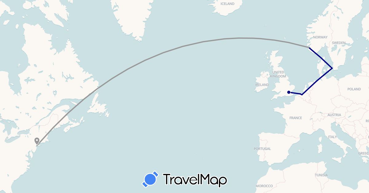 TravelMap itinerary: driving, plane in Belgium, Denmark, United Kingdom, Norway, United States (Europe, North America)
